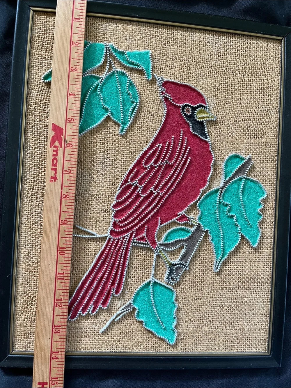 Vtg Mixed Media Zipper & Sand Art Framed CARDINAL Bird On Branch 11.75”x14.75”